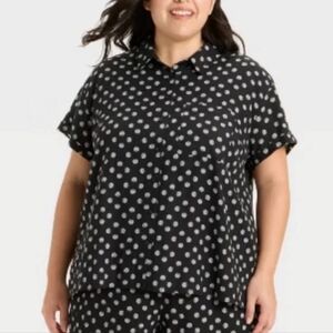 NWT Ava & Viv Lined Blend Shell Print Button Front Top In Blk/White Combo 1X